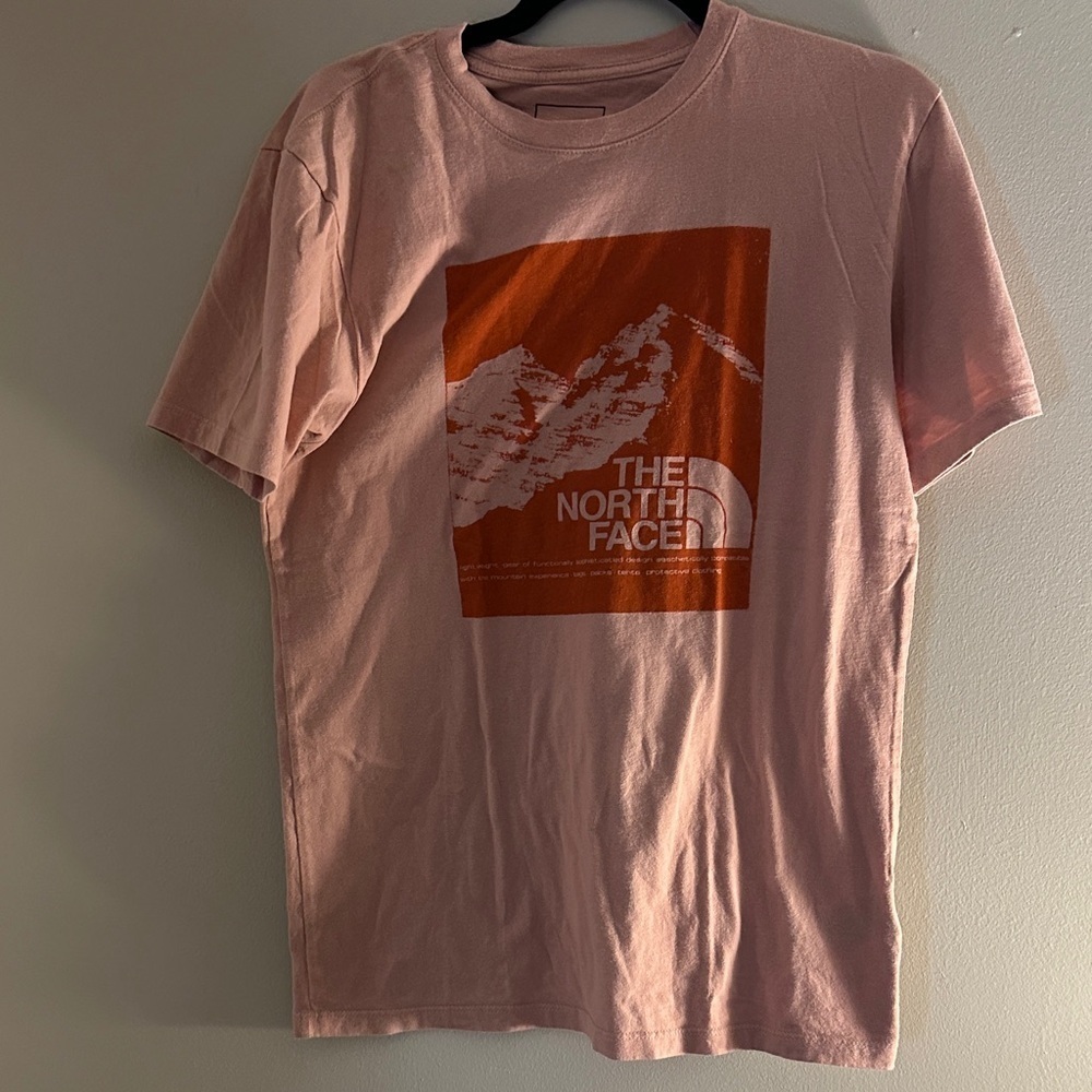 The North Face Men's Light Pink Tee with Orange Graphic